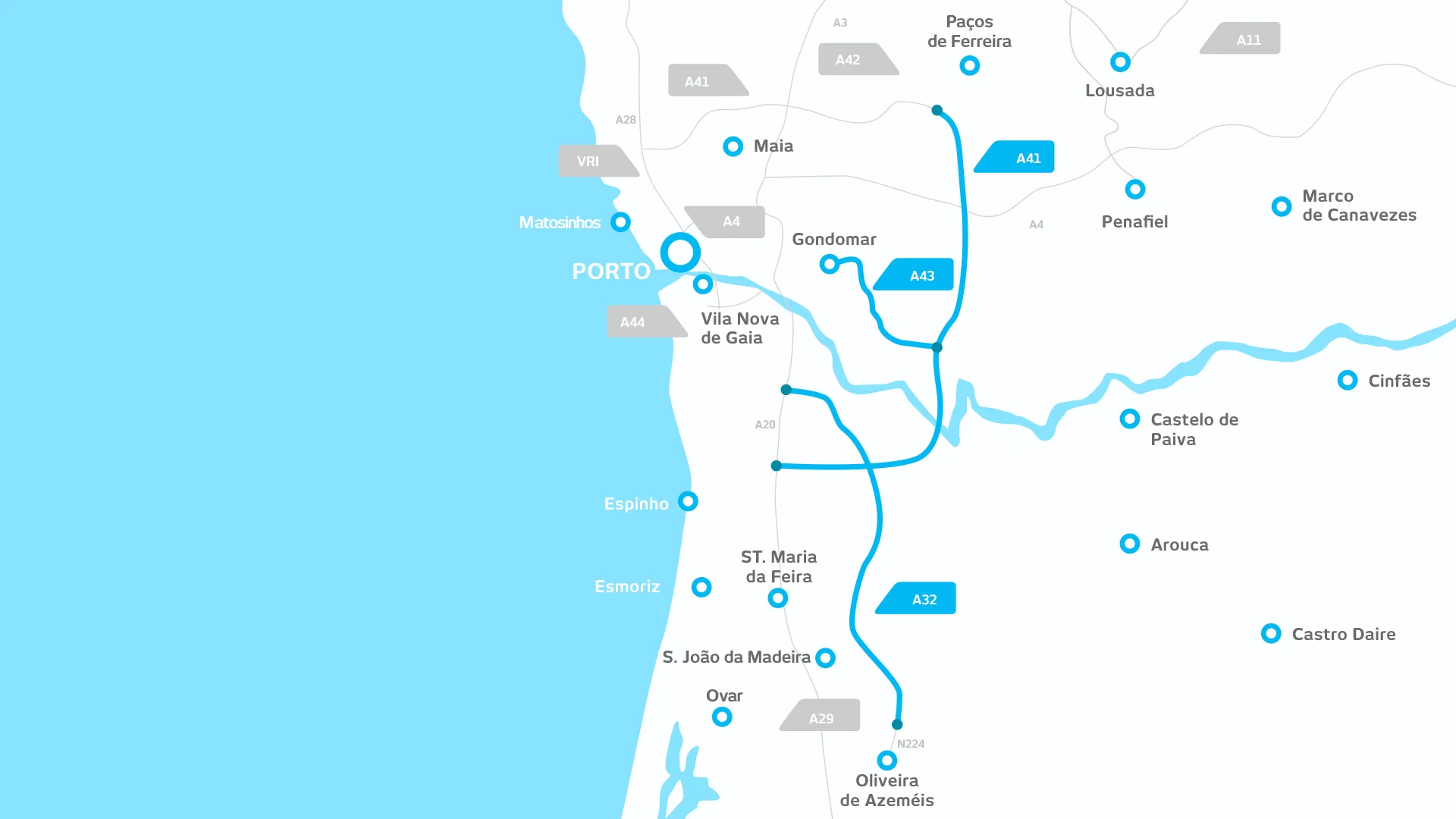 Mapa das autoestradas A32, A41 e A43 (AEDL) com as praças de portagem