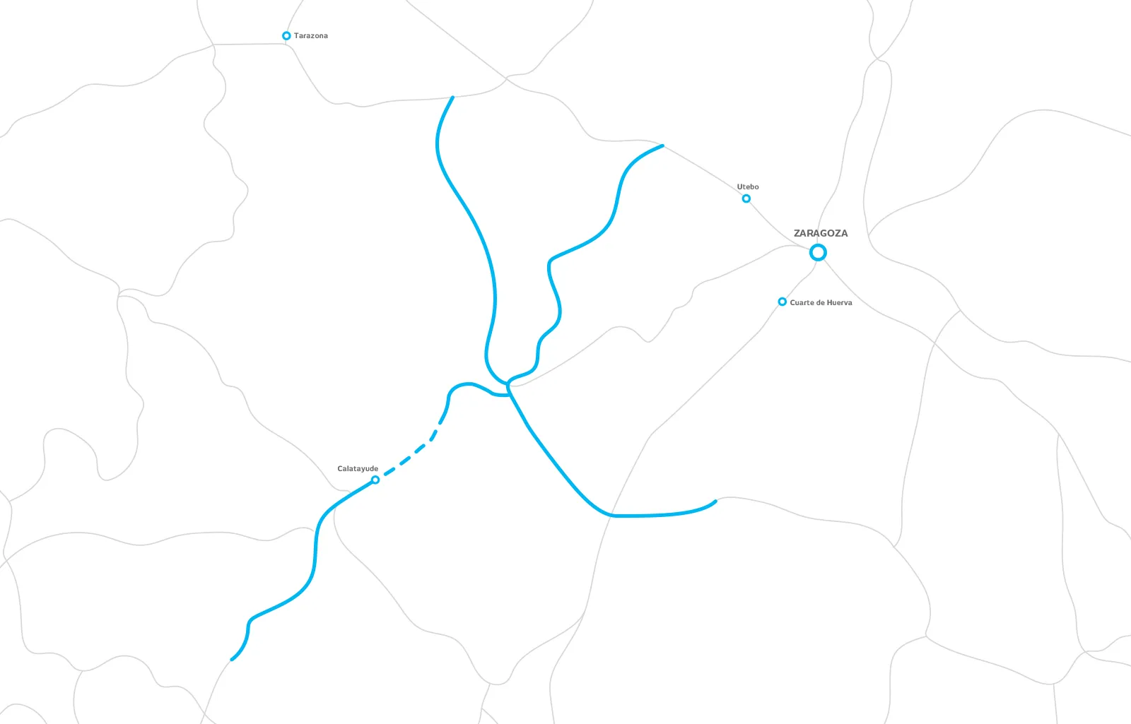 Mapa da concessão AIGI, com as autoestradas A-121, A-122, A-202 e A-220 na região de Saragoça (Aragão, Espanha)