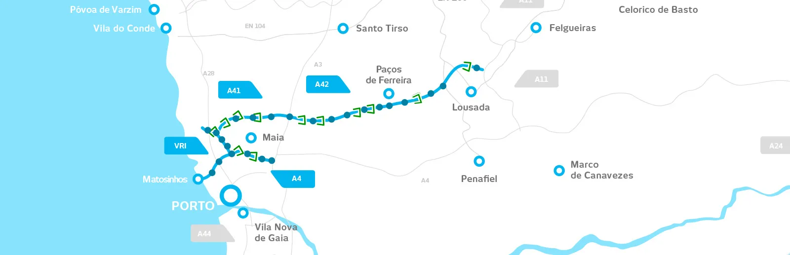 Mapa da Concessão Grande Porto com as áreas de serviço
