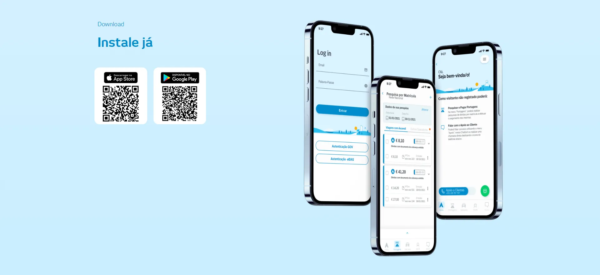 Três ecrãs da APP Ascendi: início de sessão, pesquisa de portagens por matrícula e página inicial para visitantes.