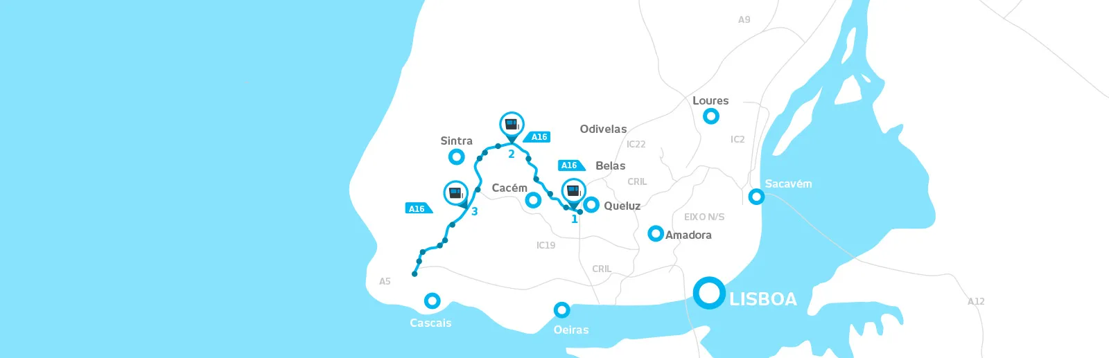 Mapa da Concessão Grande Lisboa com as praças de portagem