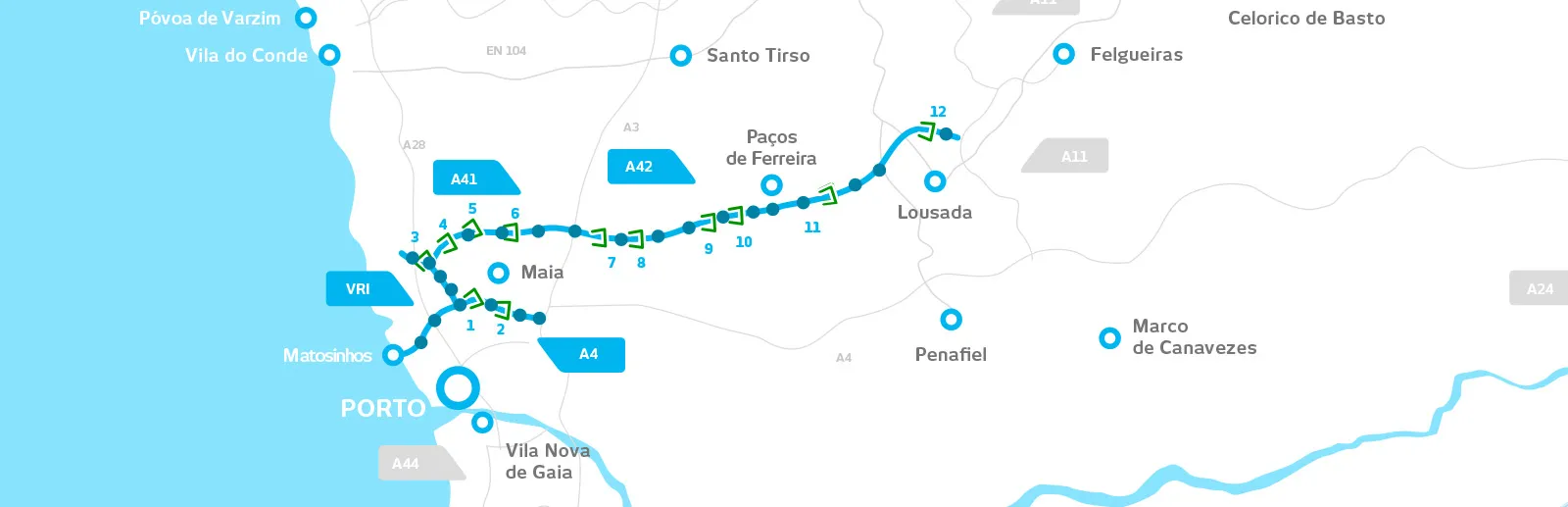 Map of the Grande Porto Concession with the toll gantries