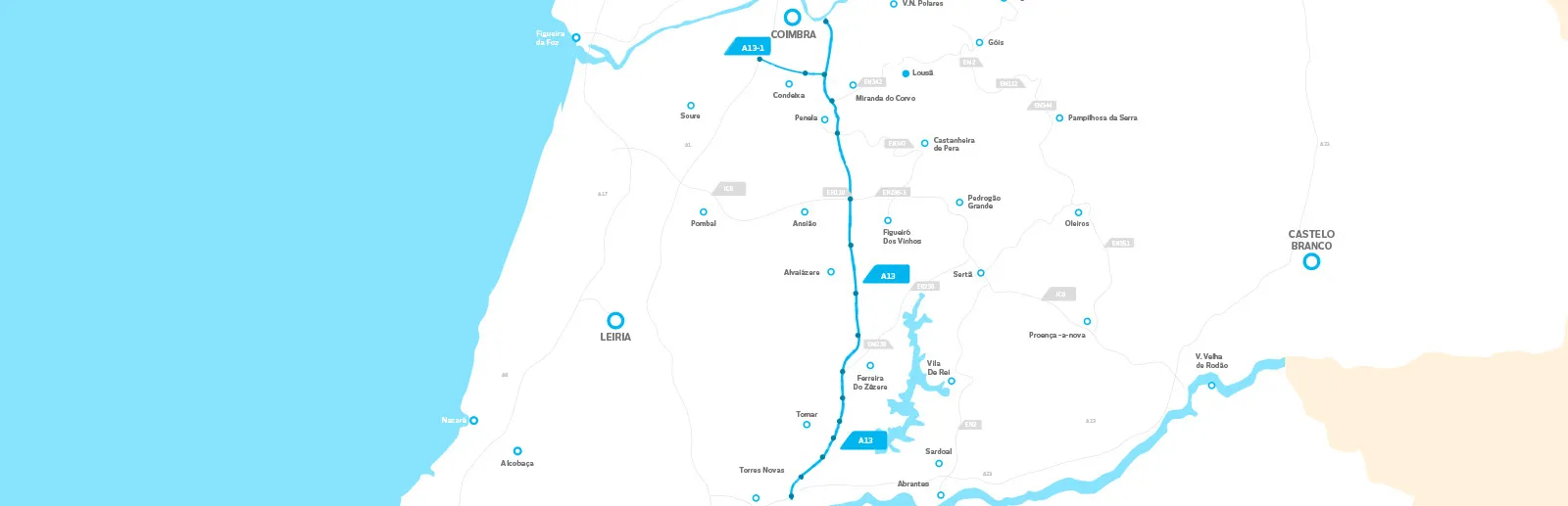 Mapa da Subconcessão Pinhal Interior com as áreas de serviço