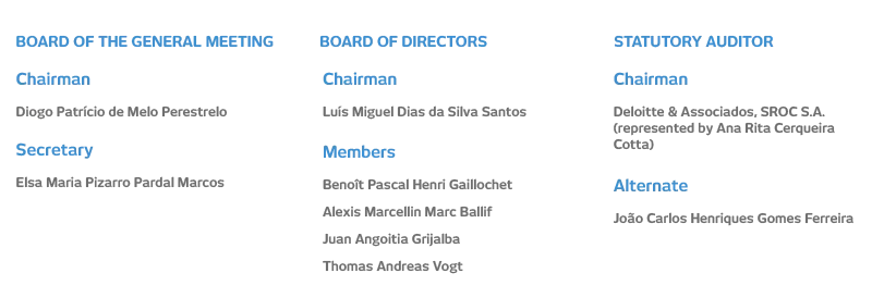 Ascendi governing bodies. Board of the General Meeting: Chairman, Diogo Patrício de Melo Perestrelo; Secretary, Elsa Maria Pizarro Pardal Marcos. Board of Directors: Chairman, Luís Miguel Dias da Silva Santos; Members, Benoît Pascal Henri Gaillochet, Alexis Marcellin Marc Ballif, Juan Angoitia Grijalba and Thomas Andreas Vogt. Statutory Auditor: Chairman, Deloitte & Associados, SROC S.A. (represented by Ana Rita Cerqueira Cotta); Alternate, João Carlos Henriques Gomes Ferreira.
