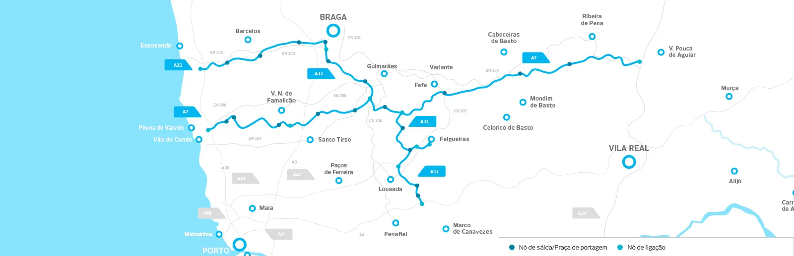 Mapa da Concessão Norte com as praças de portagem